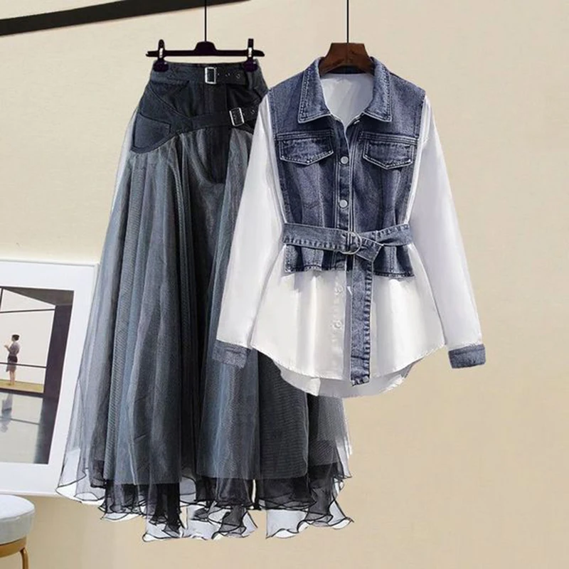 2024 Spring Autumn Large Size Two Piece Skirt Set Popular Streetwear Blouse+Tulle A-Line Floral High Waist Skirt Two Piece Skirt