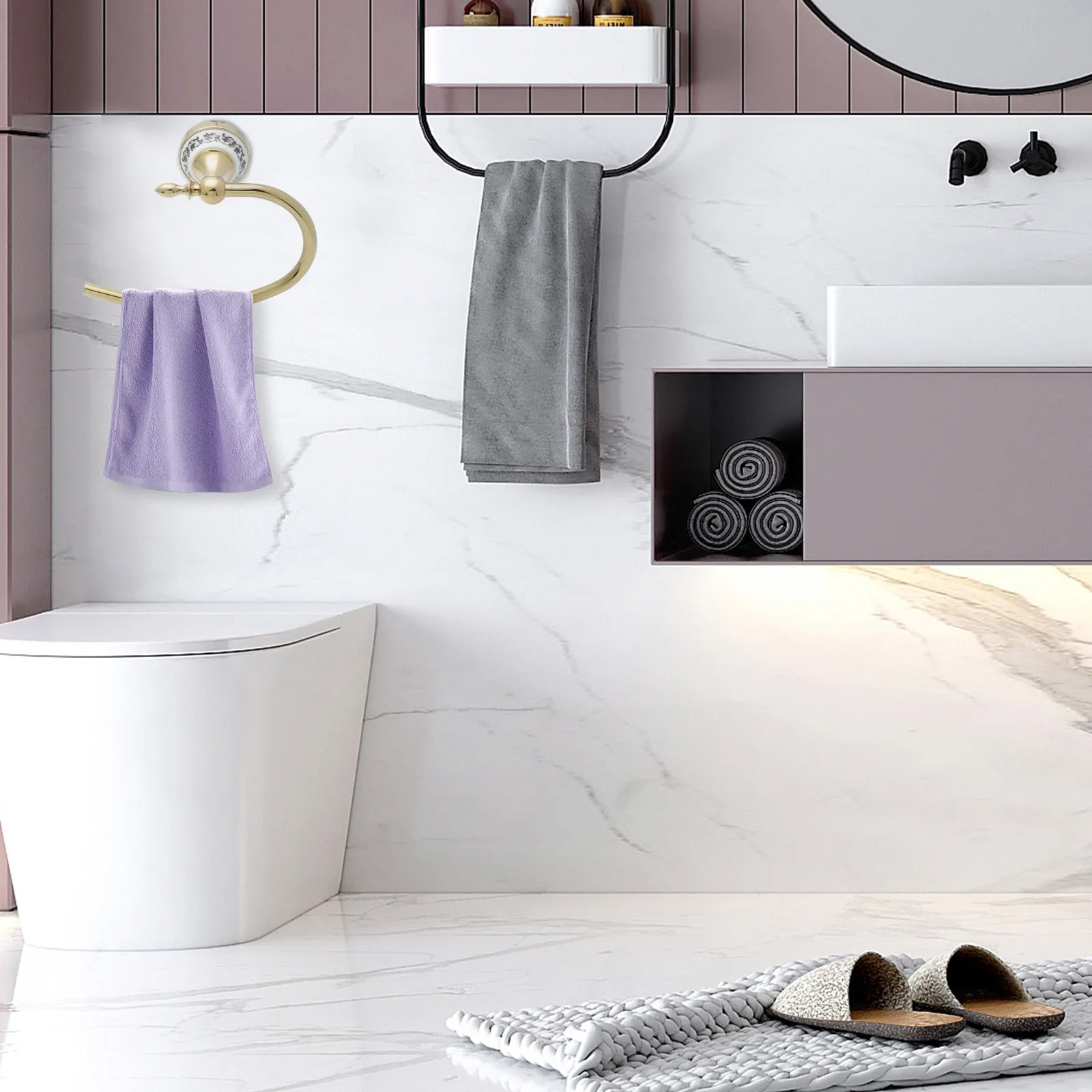 1Pcs No Drill Bathroom Towel Ring Stainless Steel Vintage Golden Towel Holder Round Design Rust Resistant Kid Dry