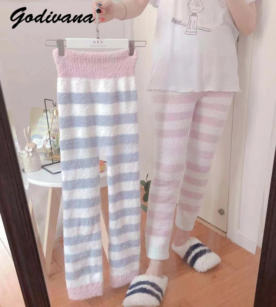 

Autumn and Winter Warm Soft High Waist Striped Loungewear Pants Japanese Style Women's Comfortable Pajama Sleep Bottoms Pants