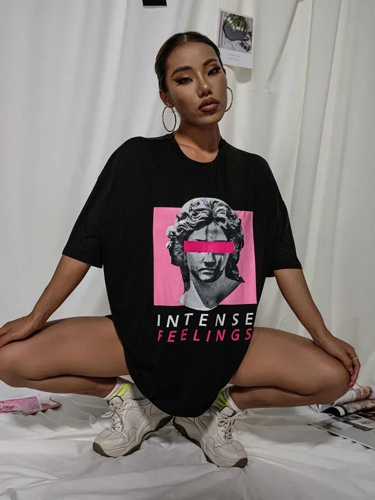Intense Feelings Drop Shoulder Tee T-Shirts Women Loose High Quality Streetwear Hip Hop Top Y2k Oversize Tops Women T Shirts
