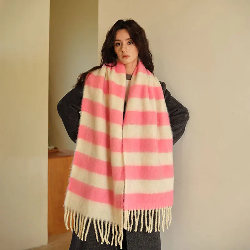 Blue Brown Color-blocked Striped Acrylic Imitation Cashmere Scarf for Women Winter Thickened Versatile Warm Shawl Dual-use Scarf