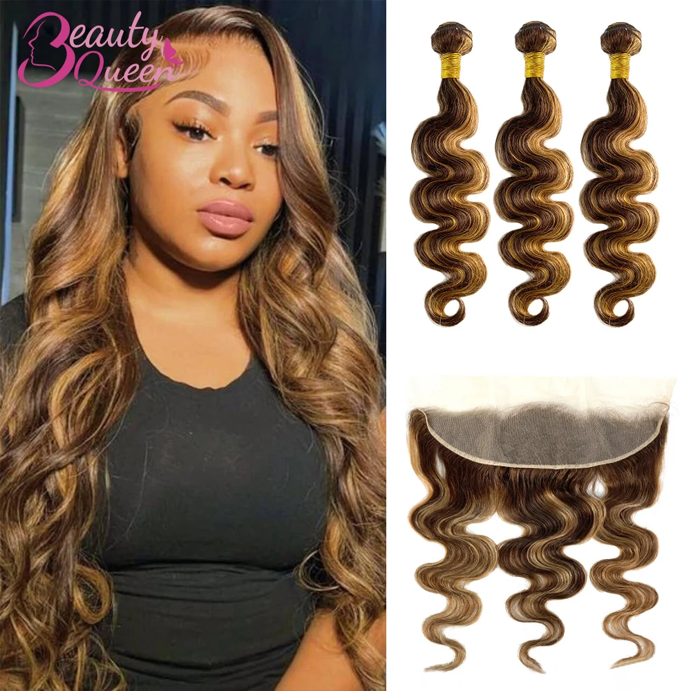 Piano Highlight Hair Extension Bundles With Frontal Body Wave 100% Human Hair Tissage Weave Bundle With 13x4 Frontal 4/27 Color