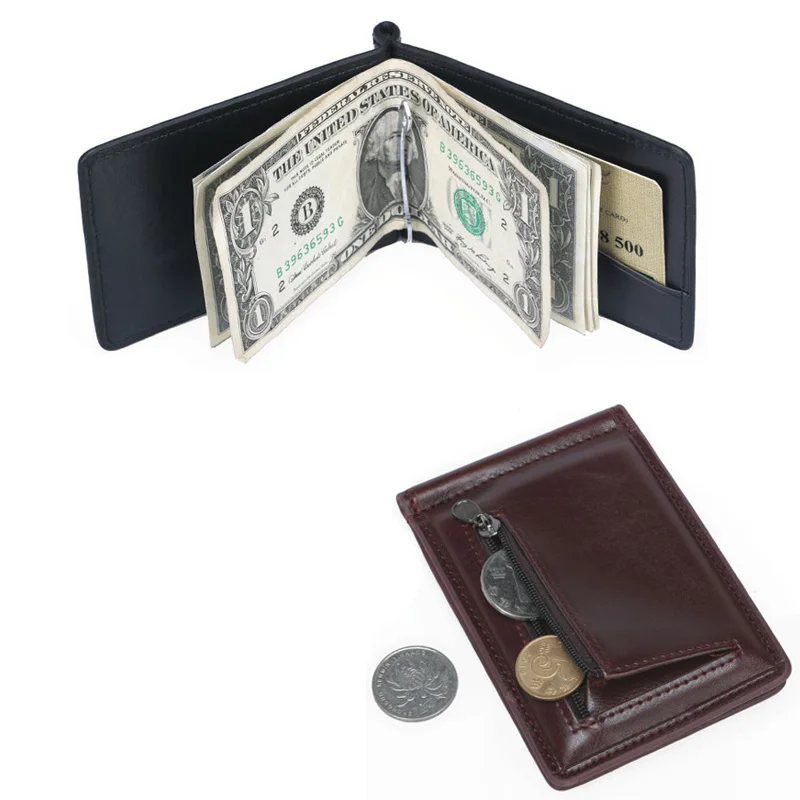 

New Small Men's Leather Money Clip Wallet With Coin Pocket Thin Purse For Male Magnet Hasp Mini Zipper Money Bag