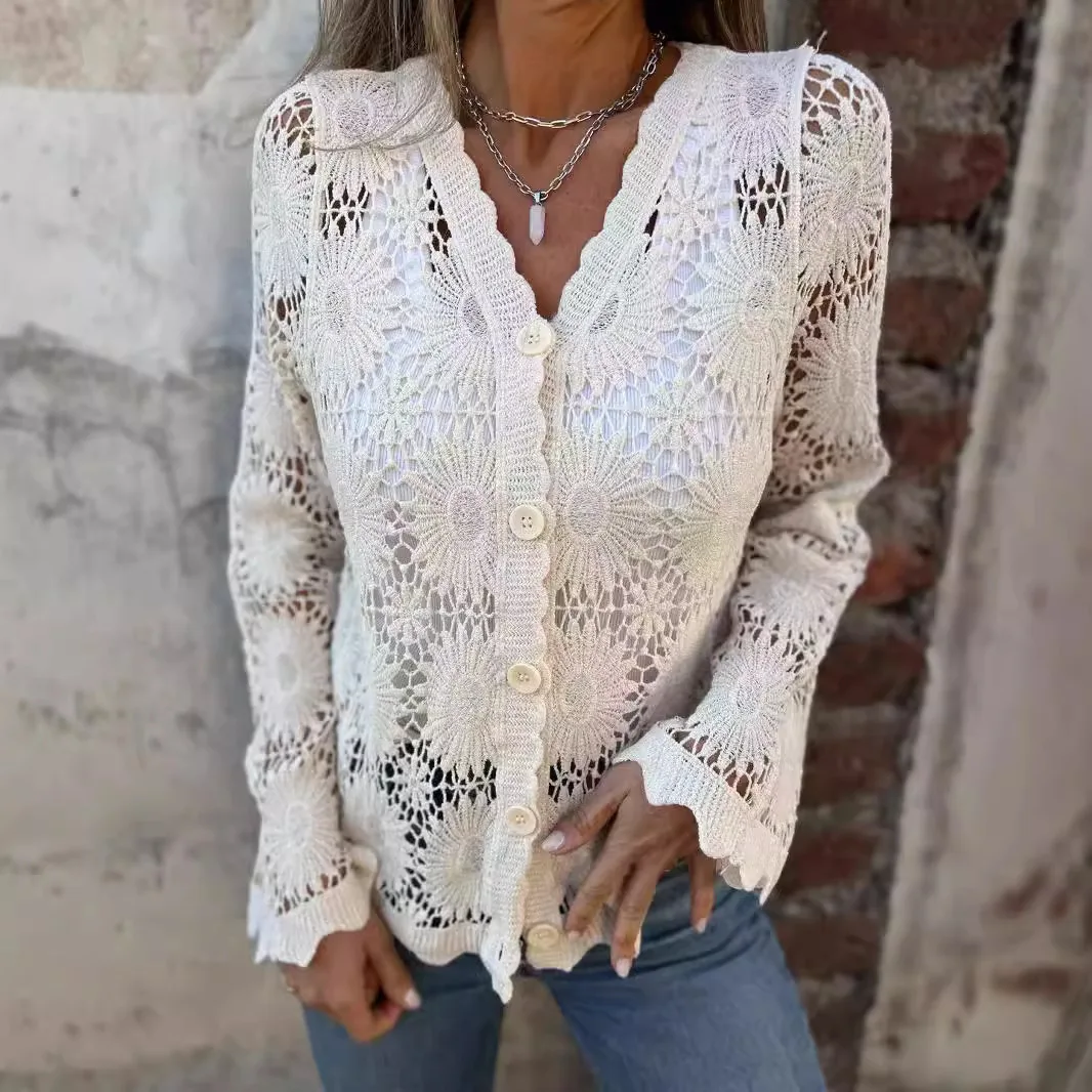 2025 nuevo cárdigan de manga larga para mujer, blusa con ribete de encaje y cuello en V, camisa ajustada con mangas voladoras y temperamento