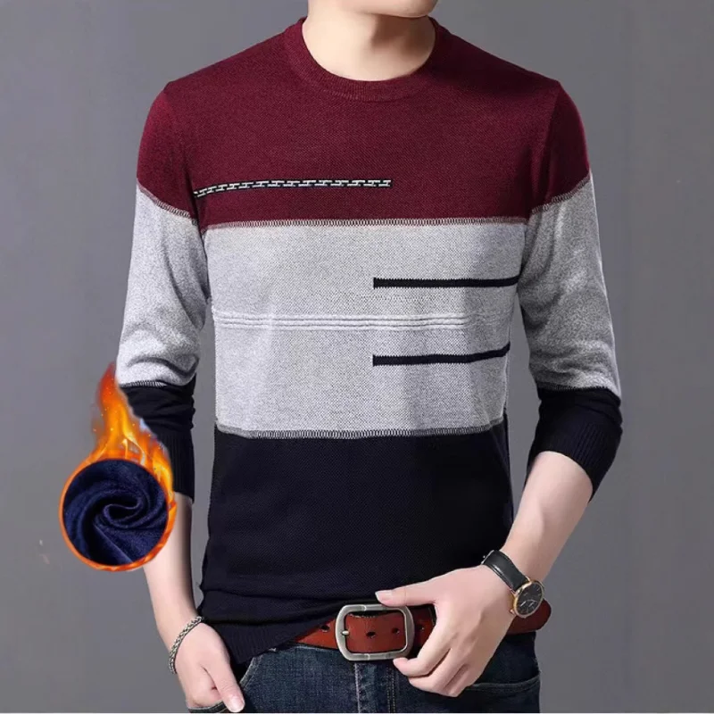 

Мужской осенний новый стиль с длинным рукавом на флисовой подкладке, утепленный полосатый модный удобный повседневный свободный пуловер, вязаный свитер