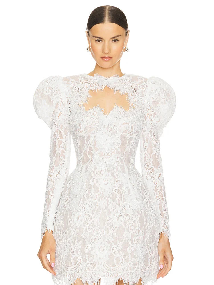 Sexy O Neck Long Sleeve Lace Floral Mini Dress Women White Backless Luxury Bead Strap Slim Dresses Elegant Evening Party Gown