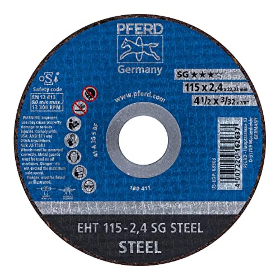

SG Steel Cut-Off Wheel Type 1 4-1/2" Diameter 3/32" Thick 7/8" Arbor Aluminum Oxide 13300 Max RPM High-Performance Cutting Disc