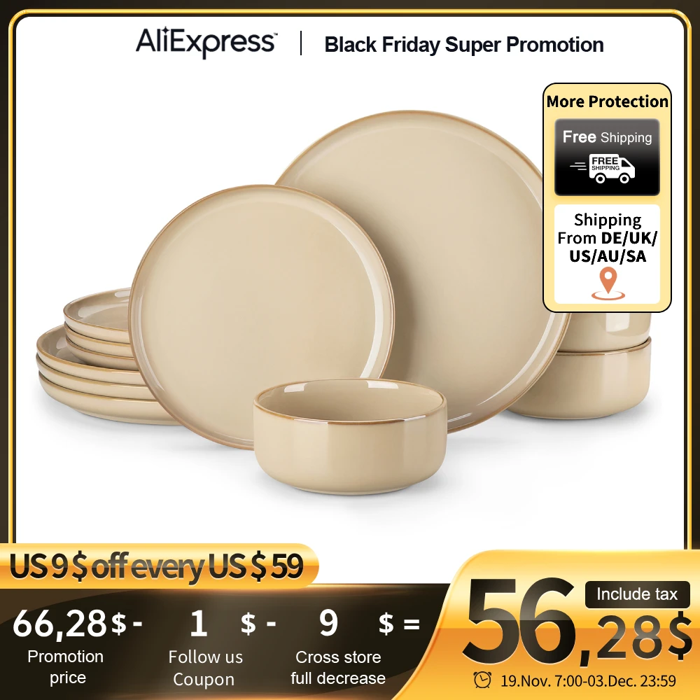 

vancasso 12/16/18/24 шт. Light-Brow Reactive Glaze Набор каменных тарелок Наборы столовой посуды с 4/6 шт. обеденной тарелкой/десертом/миской