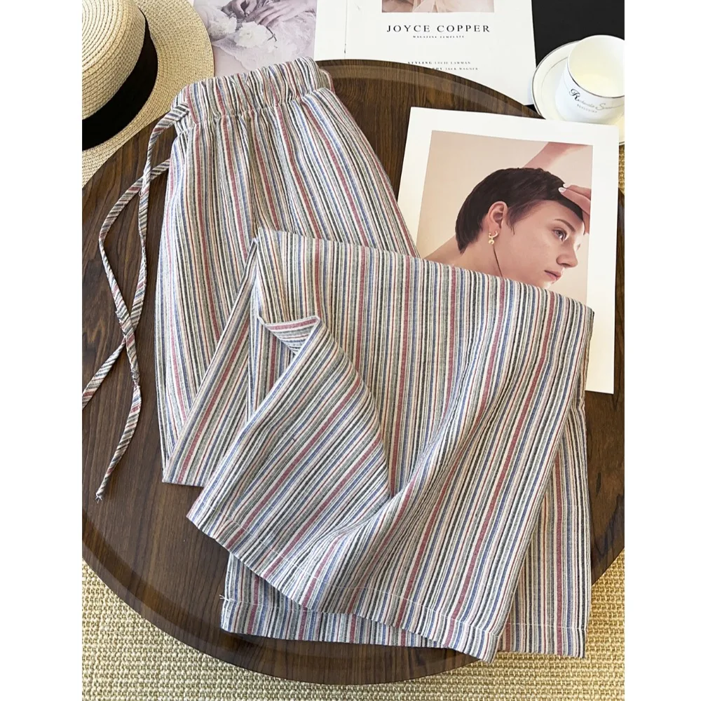 

Summer New Style Korean Loose Wide Leg Pants Women's Slimming Short Taller Color Block Striped Casual Floor Length Thin