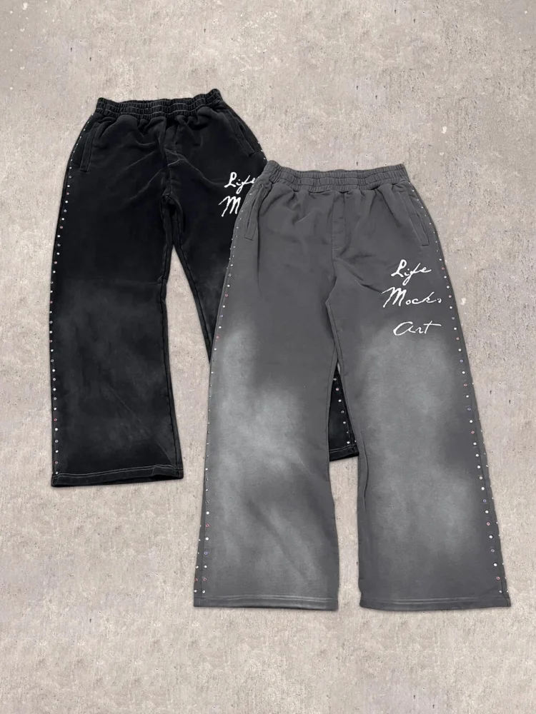 الشتاء الرجعية حجر الراين غسلها Sweatpants Y2K الهيب هوب الشارع نمط فضفاض للجنسين سراويل تقليدية للرجال والنساء #4