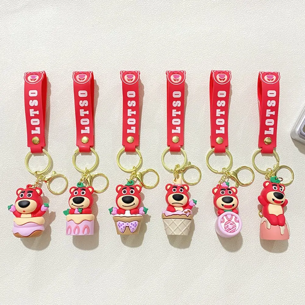 Disney Anime Toy Story Kawaii Cute Strawberry Bear Lotso Keychain Toys Bag Pendant Keyring Collectible Decor Ornament Keyholder