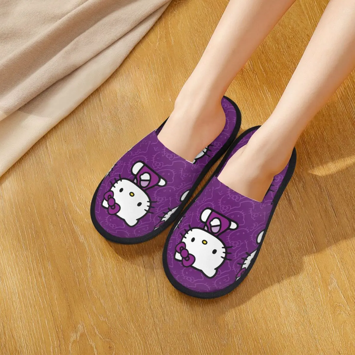 Зимние меховые тапочки Kawaii Hello Kitty Merch, домашние меховые тапочки, домашние уютные нескользящие шлепанцы