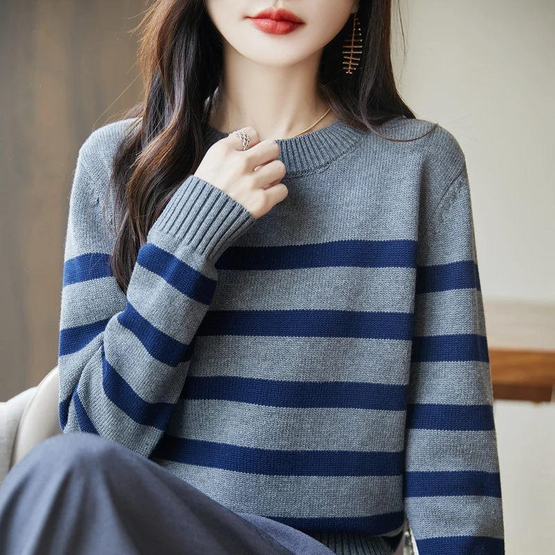 المرأة 100% القطن الخالص س الرقبة البلوز سترة الخريف والشتاء محبوك سترة مخططة فضفاضة وعصرية المرأة