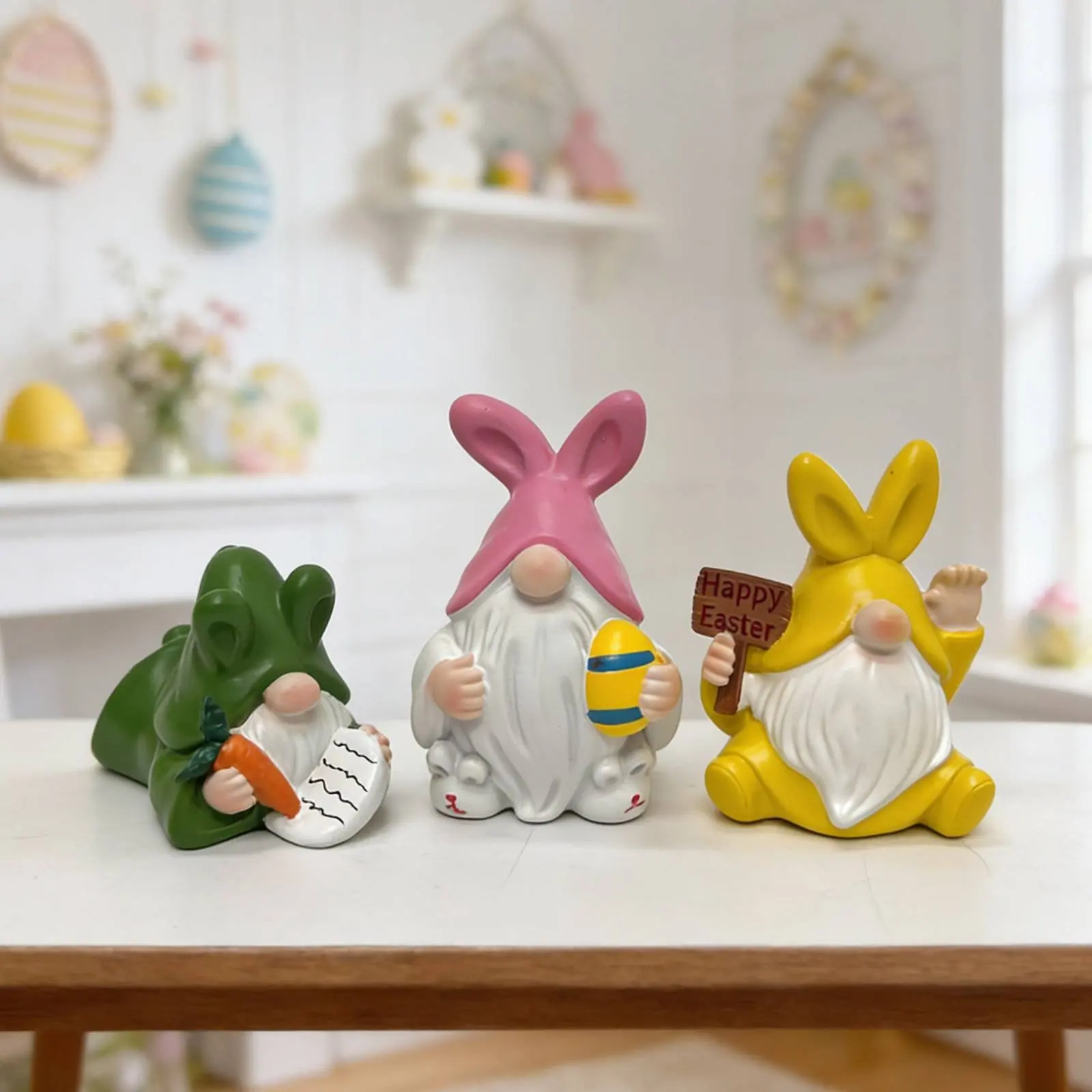 

3 Pieces Easter Hare Gnome Figurine Playful Design Easter Hare Gnome Resin Dwarf Statue Set Festive Faceless Elf Figurine
