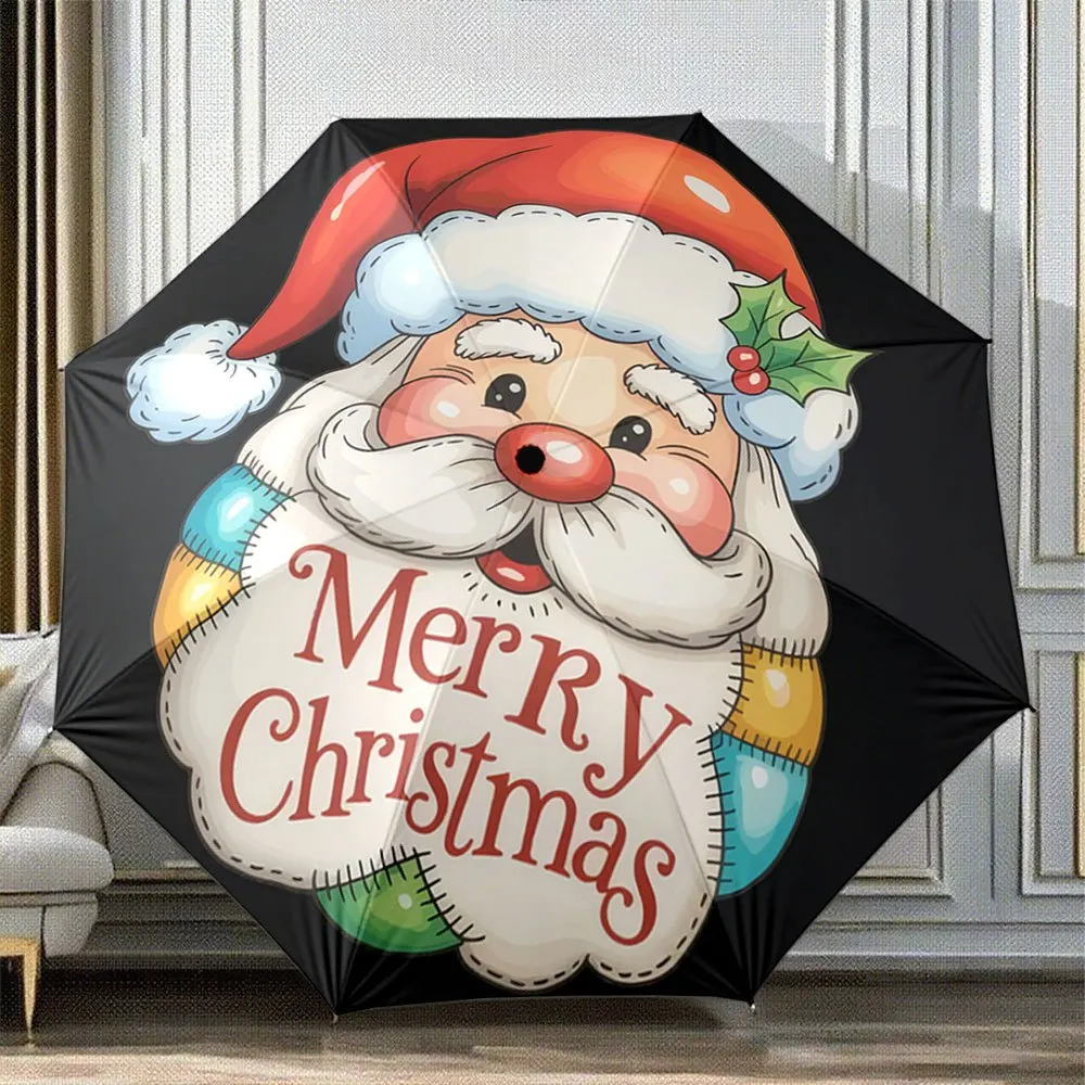

Automatic Folding Umbrella with Santa Claus Face & "Merry Christmas" Text - Portable Collapsible Design, 8-Rib Durable Iron &