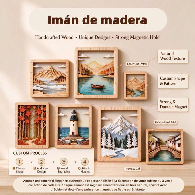 Custom Design Handmade Bamboo Wood Souvenir Decorative Fridge Magnet 3D Magnets Logo Engraved Modern Design Wooden Fridge Magnet