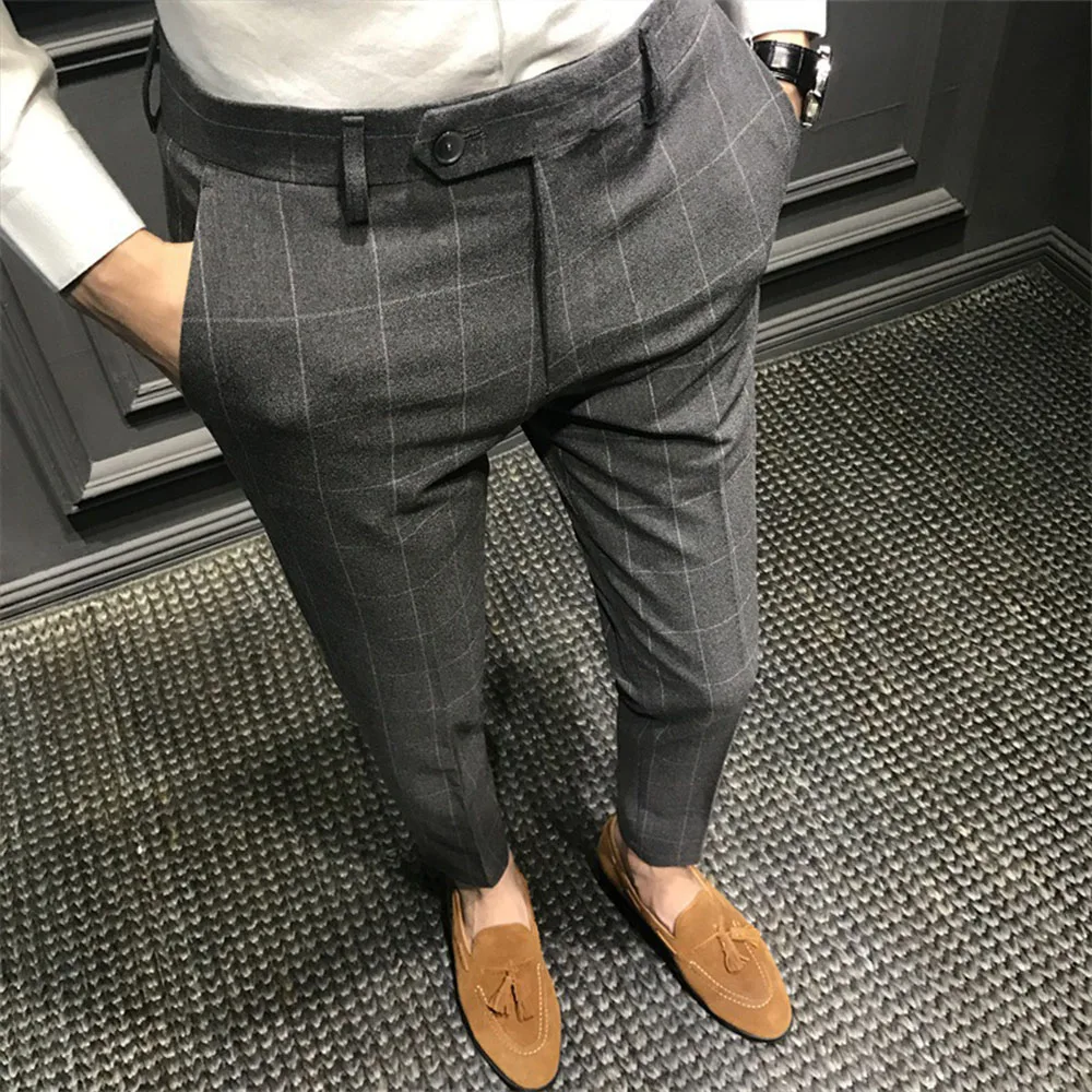 Black Plaid Pants Mens Clothing Office Formal Trousers For Male Thin Korea Style Regular Fit Men Suit Pants For Wedding Party