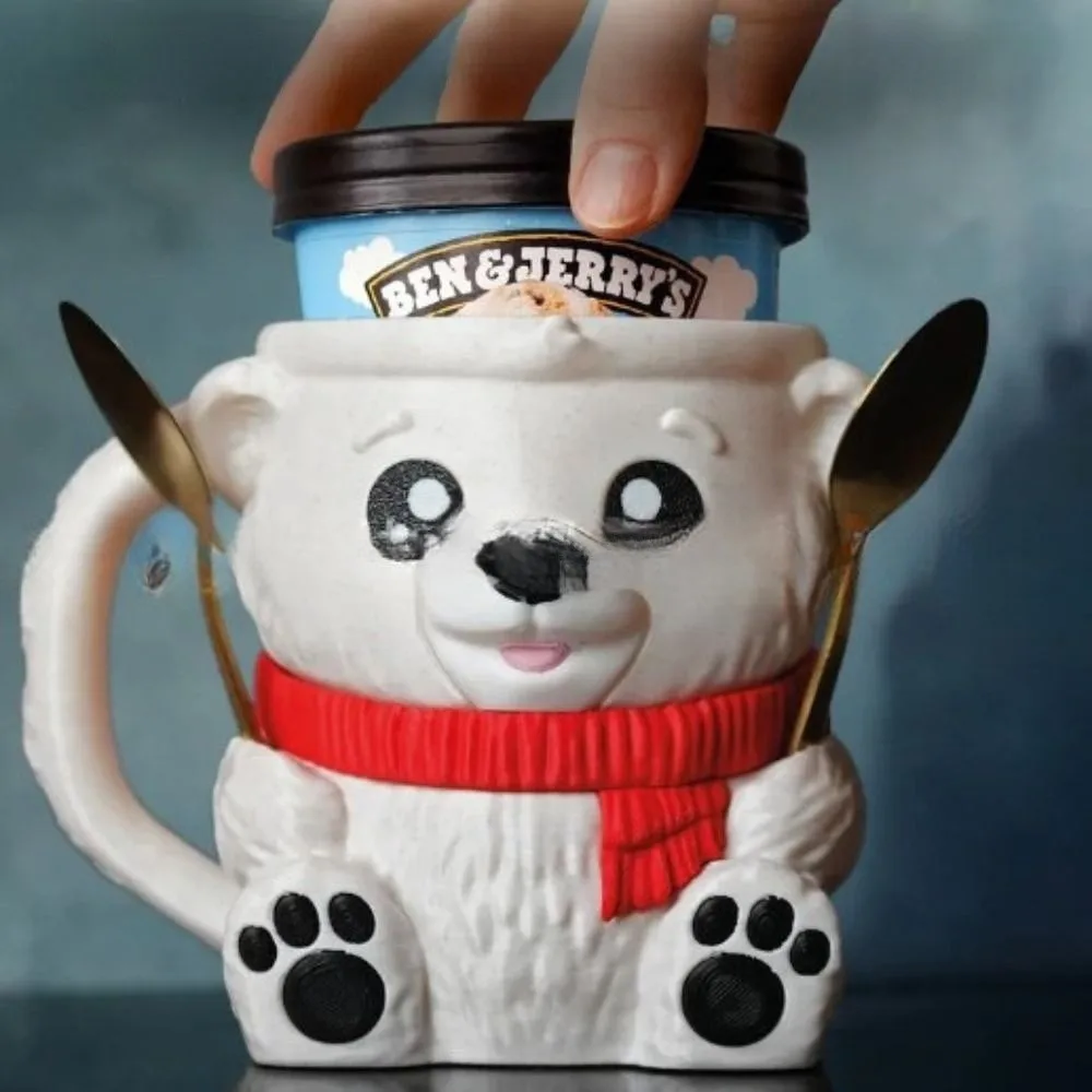 New with Two Spoons Ice Cream Pint Holder Cup NonSlip Polar Bear Melting Preventer 3D Printed Popsicle Holder For Lover Gift