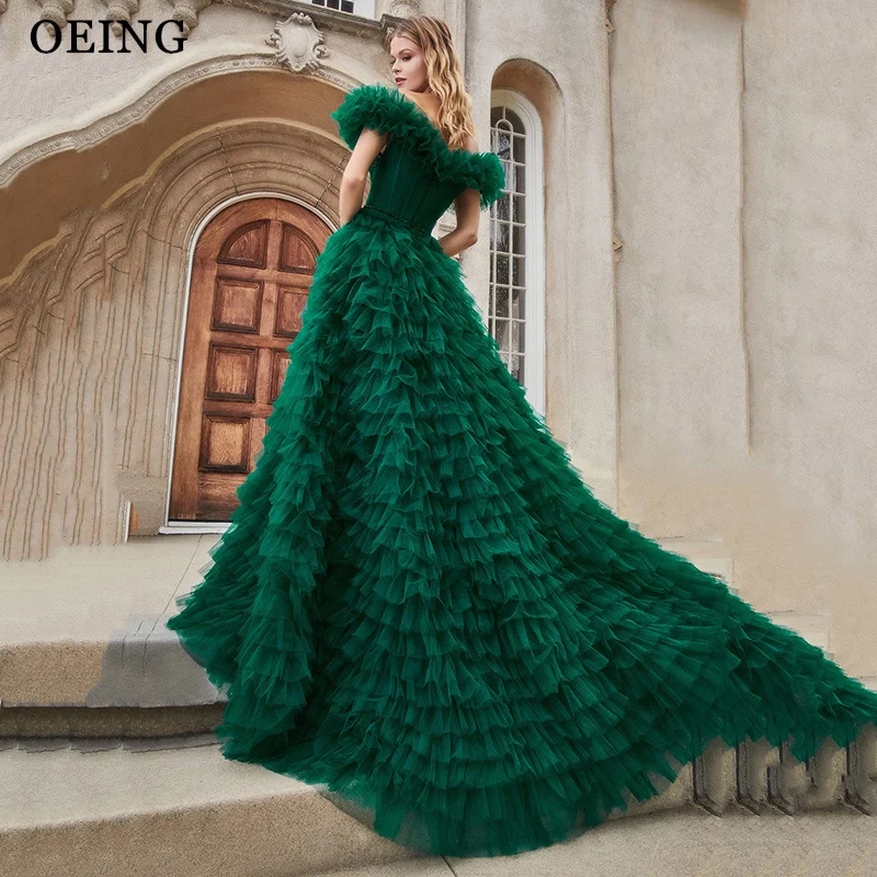 OEING Green A-Line Prom Dresses Elegant Tulle Tiered V-Neck Ruffles Evening Dress Special Occasion Gown Vestidos De Novia Gala