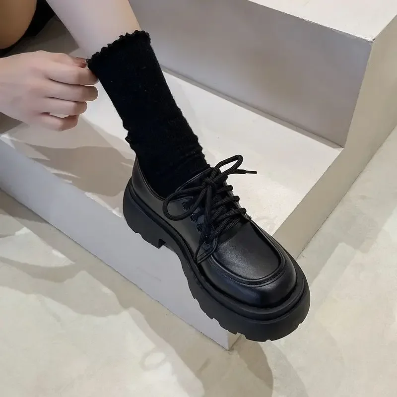 Women\'s Shoes Platform Flats Autumn Black Loafers Fashion Comfortable Leather Shoes Lace-up Outdoor Casual Oxfords Zapatos Mujer