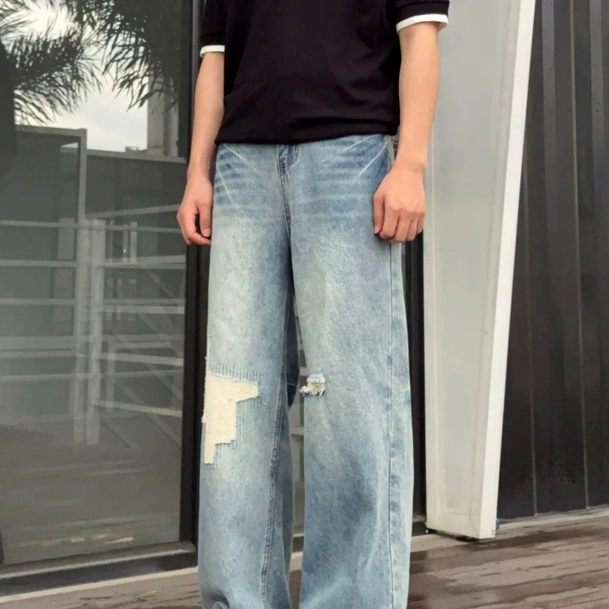 Retro American Washed Lightning Pattern Hole Embroidered Jeans Loose Straight Casual Long Trousers for Men And Women High Street