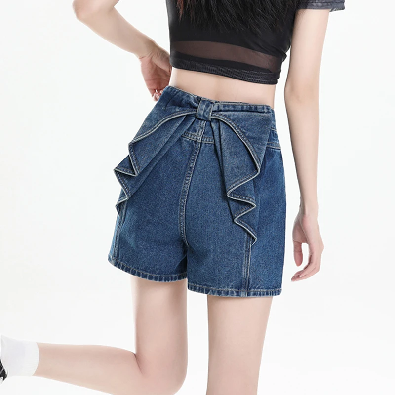 여성용 블루 백 웨이스트 보우 장식 데님 반바지 여름 신상 루즈 스타일 와이드 레그 블루 숏 팬츠 2025 신상 패션