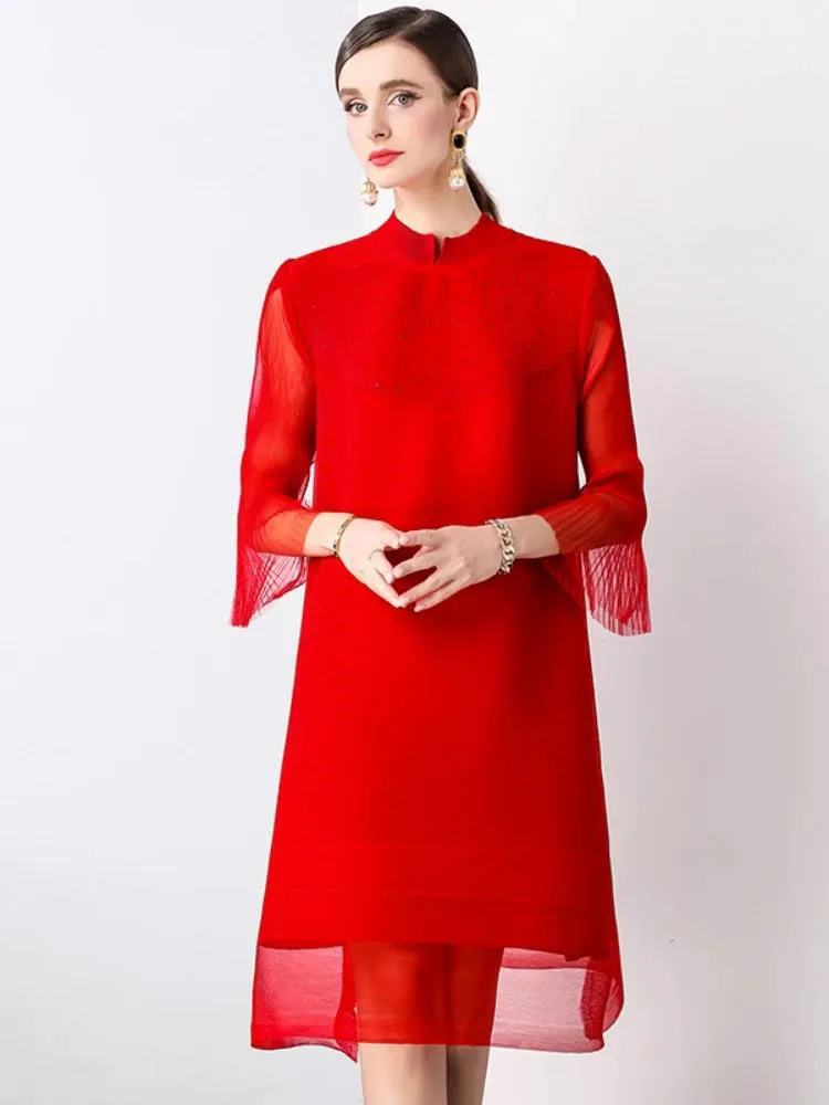 

Women Fashion Beading Miyake High Stretch Pleated Dress Elegant Stand Collar Mesh Flare Sleeve Splice Draped Party Clothing