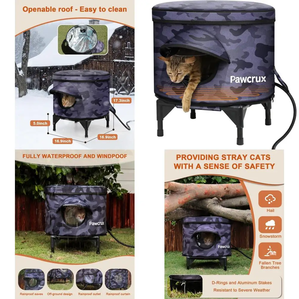 Winter Outdoor Heated Cat Shelter with Insulated Pad, Safe Door, Weatherproof, Camouflaged (16.9x16.9)