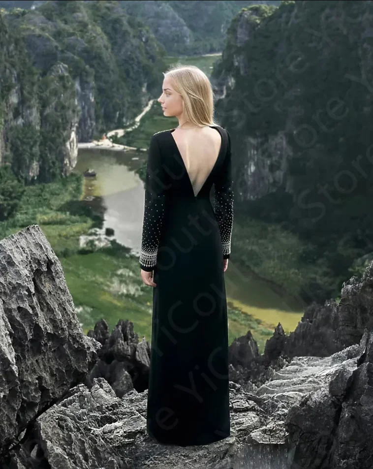 Sukienki wieczorowe w stylu vintage z arabskimi motywami, czarne sukienki na studniówkę, sukienki na przyjęcia z długim rękawem, zdobione koralikami sukienki dla gości weselnych z odkrytymi plecami.