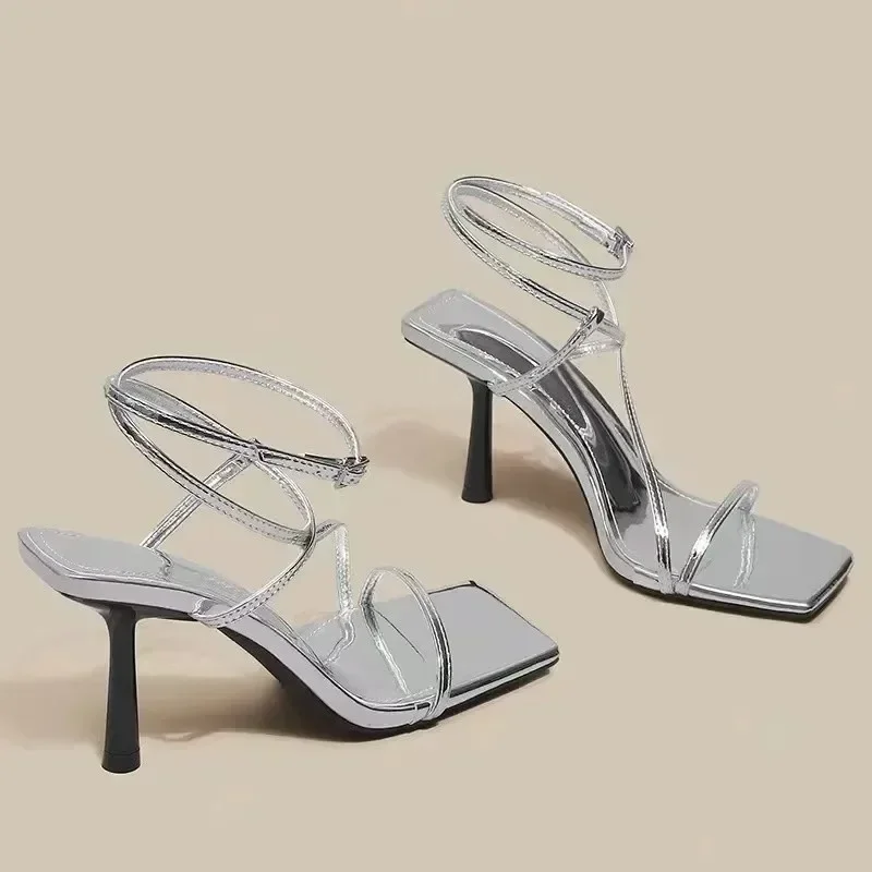 Open Toe 2024 summer All-match silver sandals women\'s French square head Stilettos women\'s stilettos high heels  sandals women