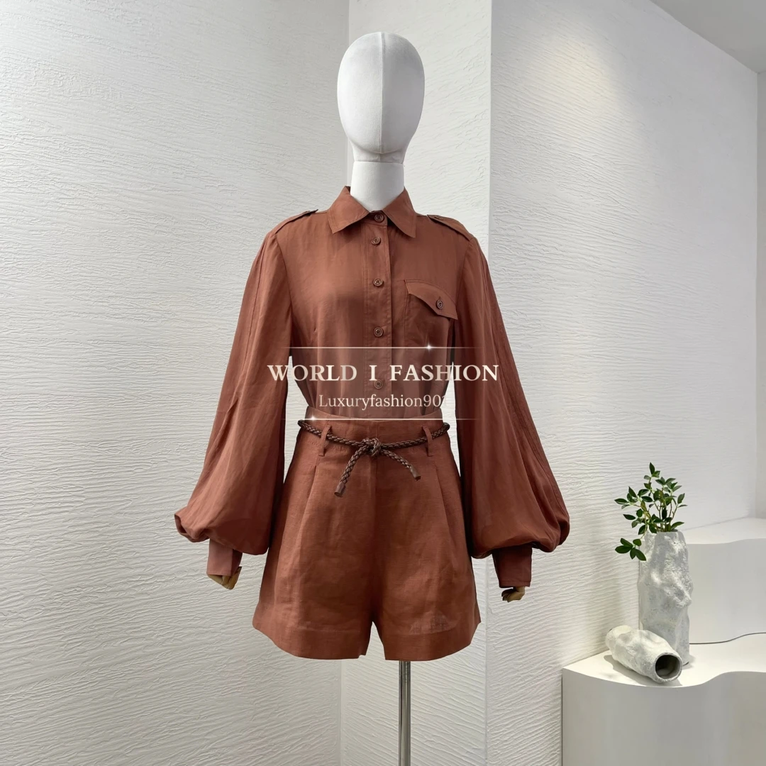 

Turn Down Collar Blouse Tops 2025 New Fashion Red Long Sleeve Linen