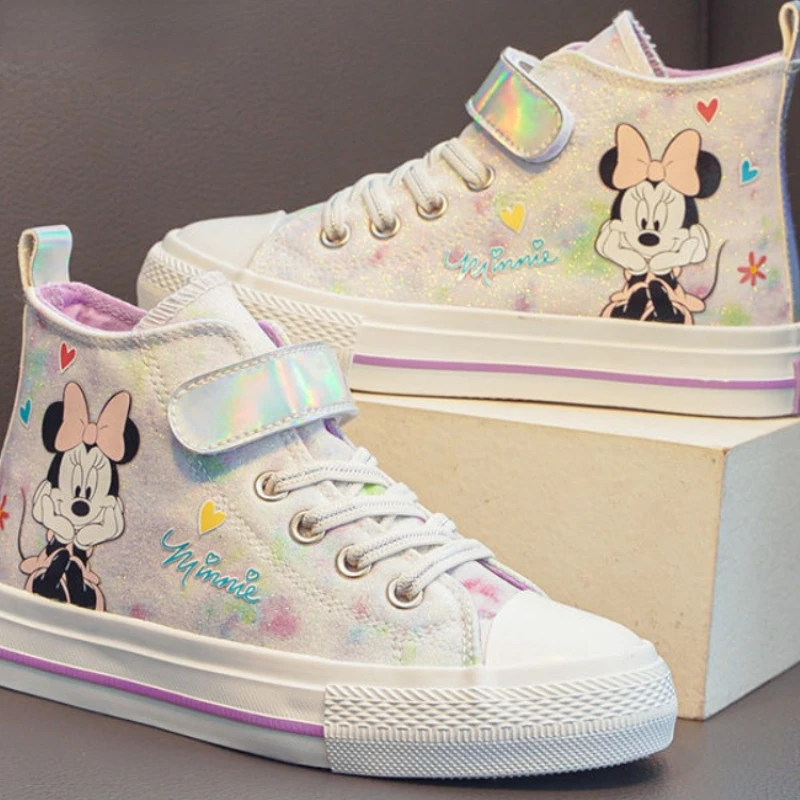 Disney Minnie Casual Canvas Shoes Cartoon Children's High-top Shoes Soft Bottom all-match Canvas White Shoes Size 24-37