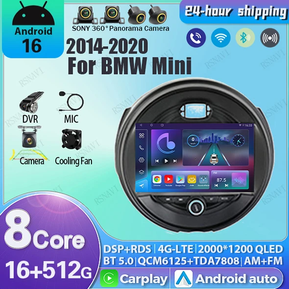 Android 16 Autoradio Car Radio For BMW Mini 2014 2015 - 2020 CarPlay Auto Wireless Multimedia 2K Screen Video Player DSP Stereo