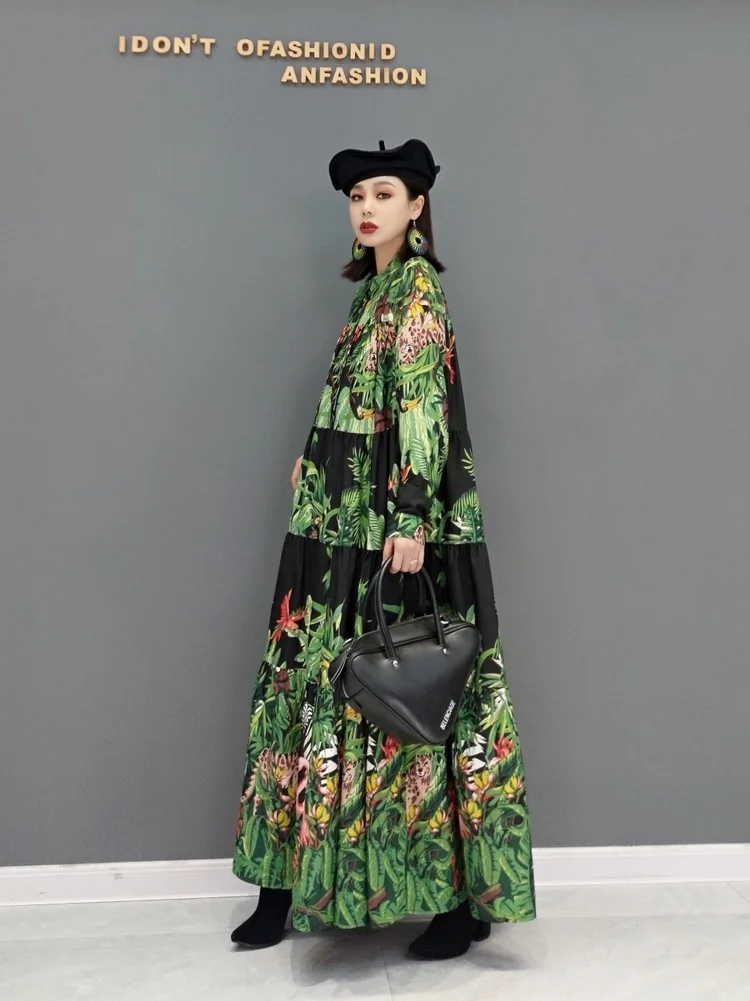 2024 Lente Herfst Vrouwen Lange Mouwen Ronde Hals Jurk Losse Mid-Length Regenwoud Dier Print Katoenen Linnen Jurk Lhx1790