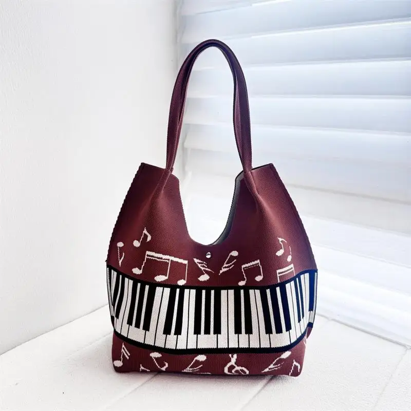 Knitted Tote Bag Piano Key Note Print Shoulder Bag Large Capacity Handbag Lightweight Casual Student Shopping Handbag For Women