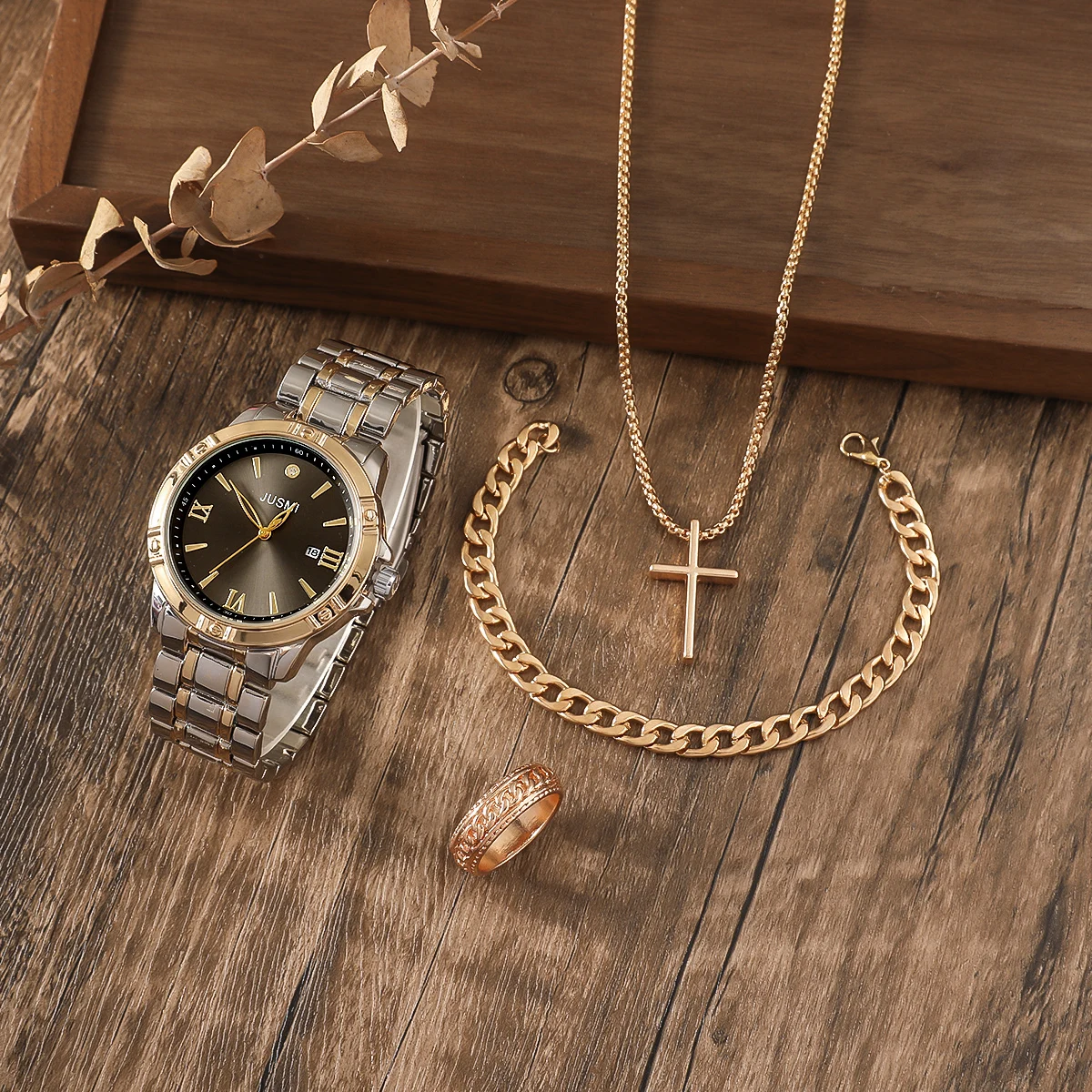 4 قطع/مجموعة ساعة رجالية كبيرة الحجم بسوار فولاذي + سوار + قلادة متقاطعة + مجموعة علب هدايا خاتم