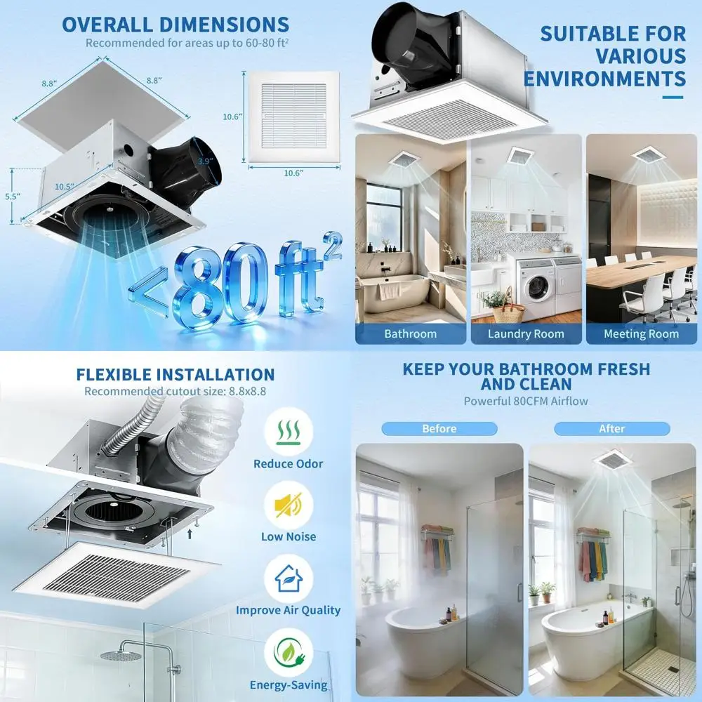 

Ultra-Quiet 80 CM Ceiling Mount Ventilation Fan, 0.8 Sones, 80 sq ft Coverage, No Attic Access Needed, ETL & CC Certified