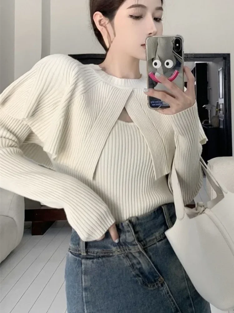 Fake Two Pieces Vintage Slim Sweater Korean Fashion Knitted Pullover All Match Elegant Sweet All-match Y2k Aesthetic Cropped Top