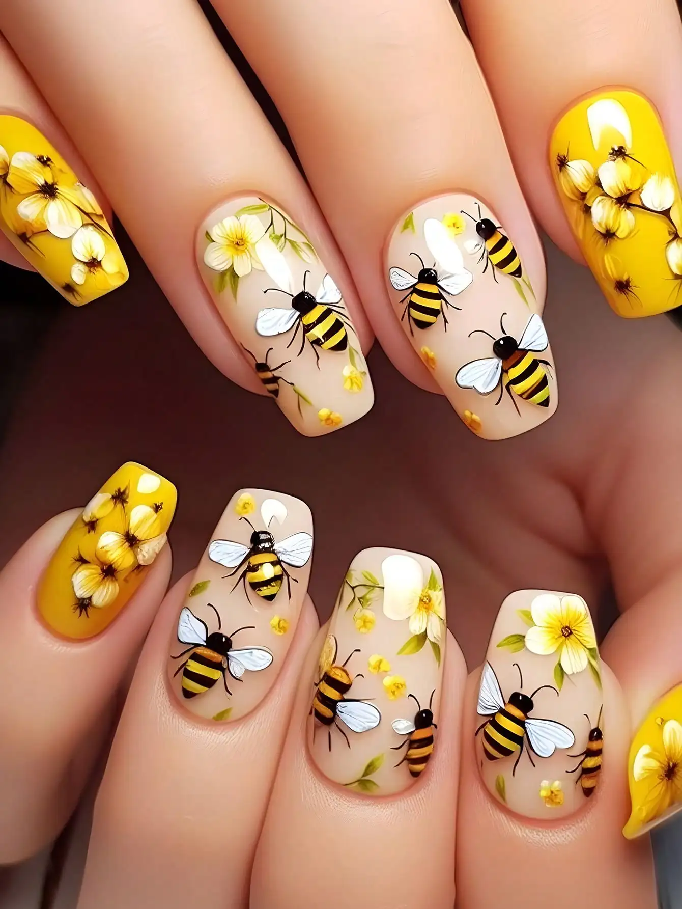

24Pcs Coffin Shape Long Fake Nails Set With Floral & Bee Design, Suitable For Party, Wedding Or Daily Wear Press On Nails Nail
