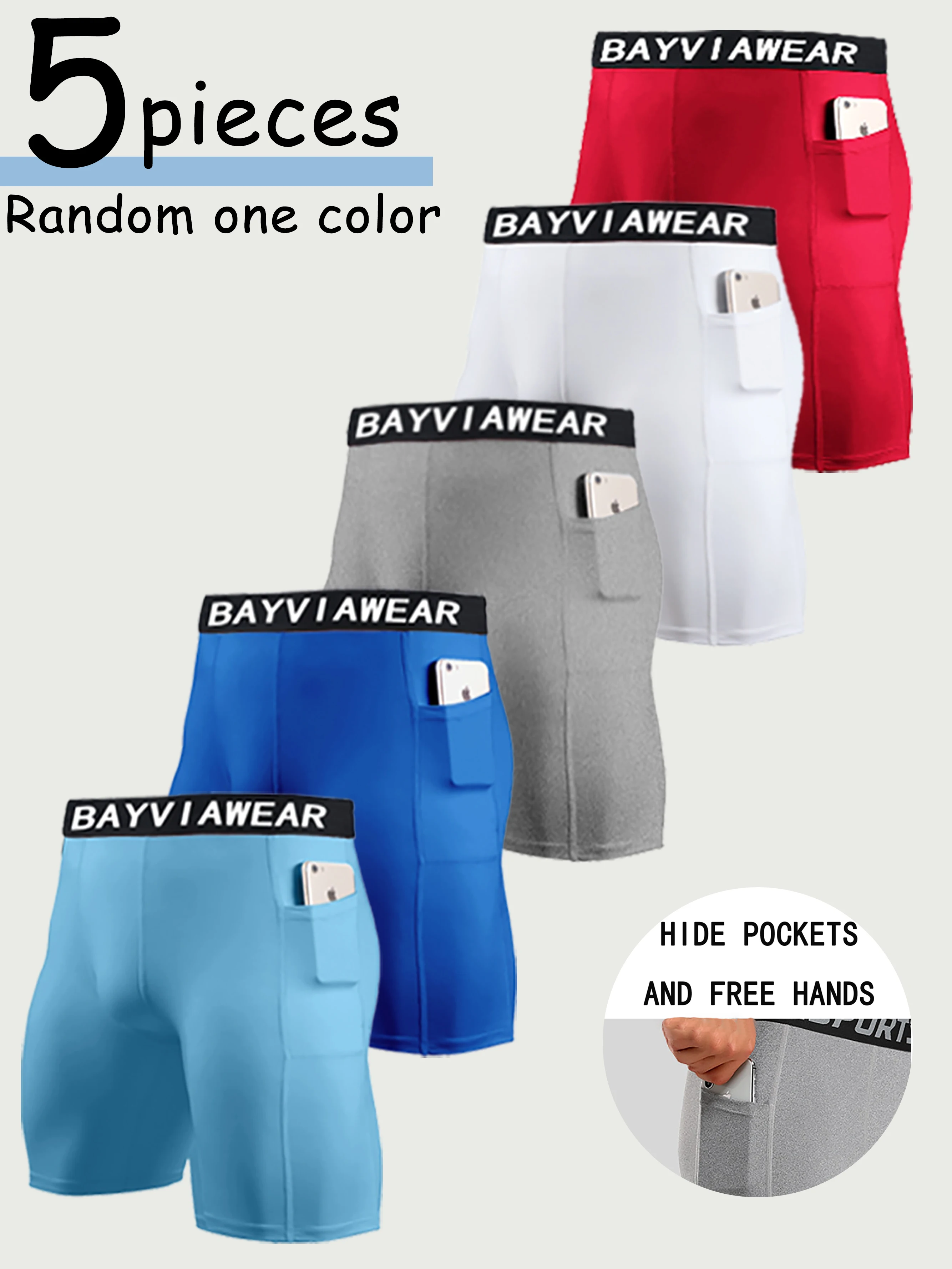 5 PCS Random Color Men Compression Shorts with Pocket Quick Dry Running Gym Workout Athletic Sports Tight Underwear