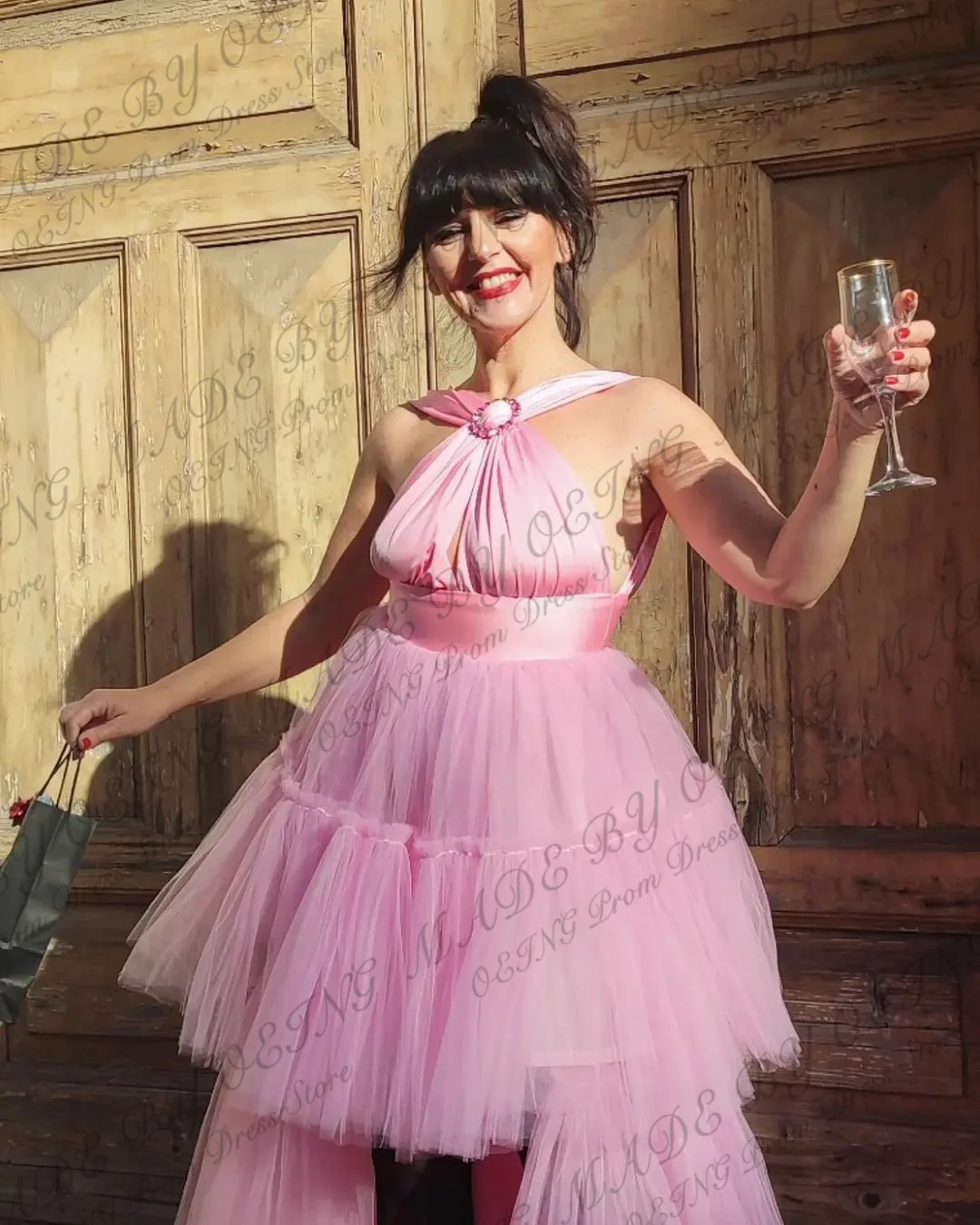 OEING Princess Pink Prom Dresses Fairy Short Front Long Back Tulle Tiered Suspender Sleeveless Evening Gown Formal Party Dress