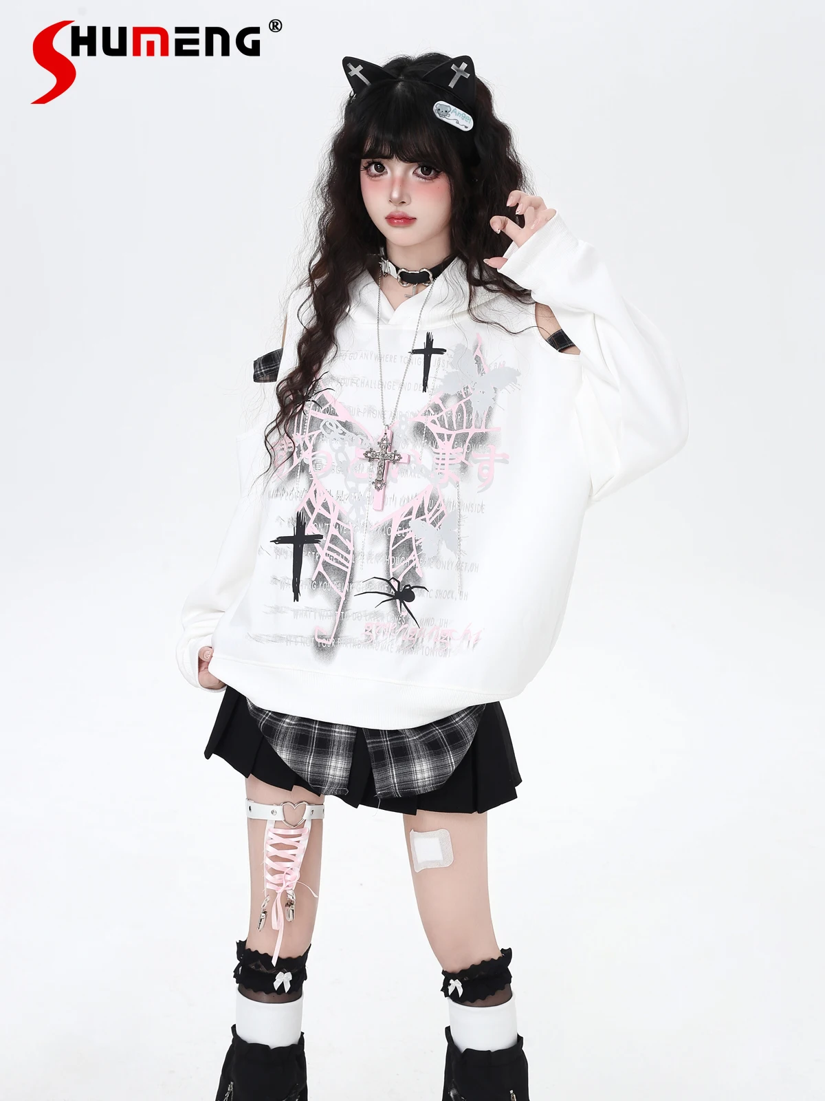 

Streetwear Subculture Sweet Cool Anime Hoodies Top Off-Shoulder Long Sleeve Patchwork Plaid Loose Casual Hooded Sweatshirt Women