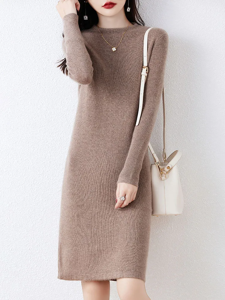 

Autumn Winter New Women's Pullover Dresses O- Neck Cashmere Sweater 100% Merino Wool Knitwear Gentlewoman Grace Slim-Fit Dress