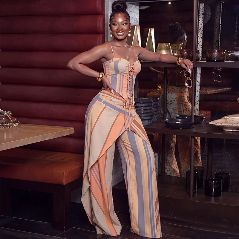 New Fashion Women Two Piece Set Spaghetti Strap Lace Up Crop Vest Top And Wide Leg Pants Set Streetwear - view 3