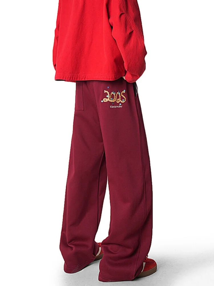 

Red Embroidered Casual Pants Men's Spring Snake Year New Year Sle Drapey Lightweight Comfortable Fit Straight Leg Trousers