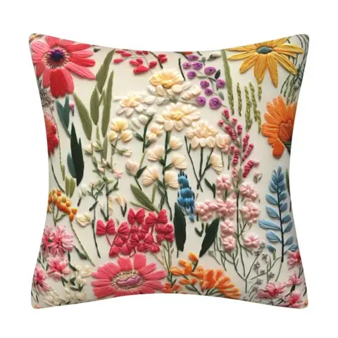 3D Embroidered Cushion Covers Flower Pattern Single Sided Pillow Covers Linen 45 x 45 Square Sofa Pillow Case for Living Room