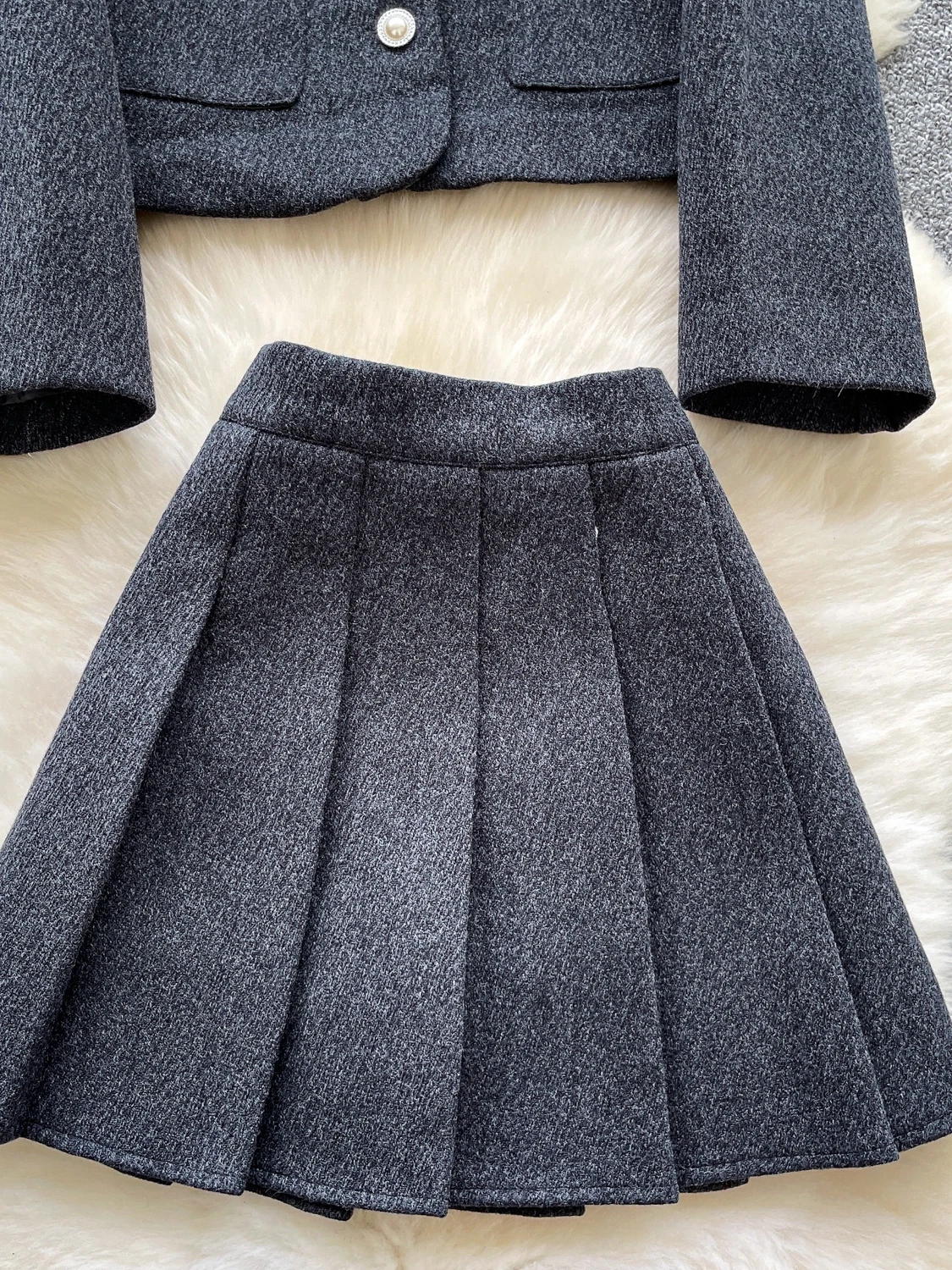 우아한 레이스 트림 긴팔 수트 재킷 하이웨이스트 플리츠 미니 스커트 가을 겨울 투피스 세트 프렌치 스타일 패션 앙상블