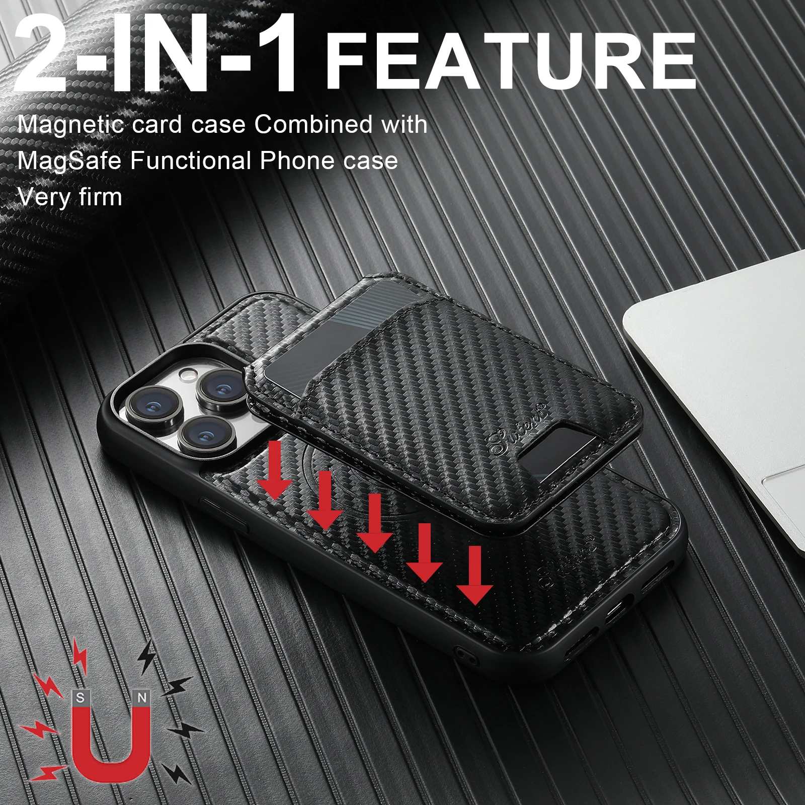 Carbon Fiber Leather 2-in-1 Magnetic Phone Case Card Holder Wallet MagSafe Wireless charging for iPhone 16ProMax 15Plus 14 13 12