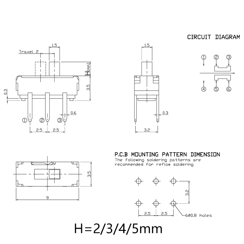 10PCS 6Pin DIP Mini Slide Switch 2Position Micro Toggle Switch 2P2T 9.0X3.5mm H=2/3/4/5mm Vertical Slide Switch MSS-04A