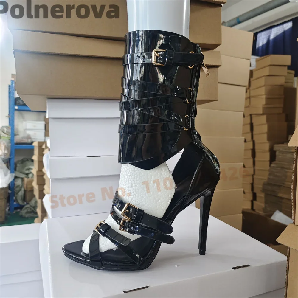 Fivela de cinto sandálias femininas botas stiletto couro patente gladiador sexy salto alto dedo do pé aberto preto sólido luxo sapatos verão